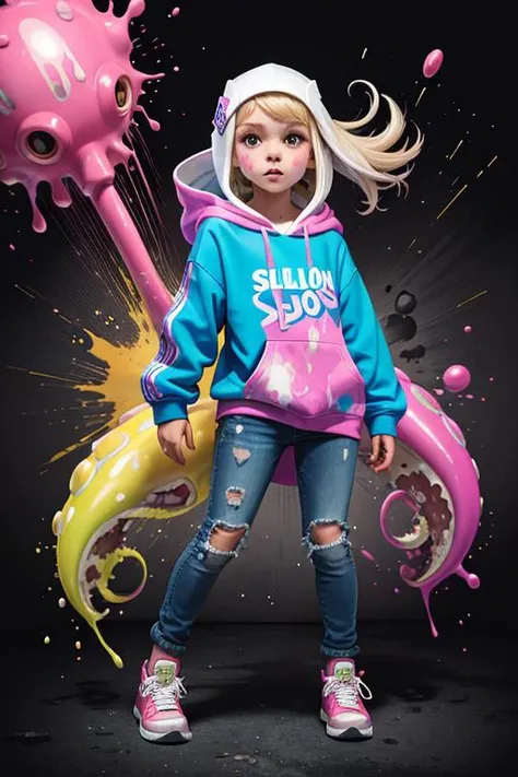 8 year old girl, solo, full body, splatoon, ink, inkling,  splatter, rainbow, white skin, tentacles, jeans, large hoodie, the explosion of color, (squids)