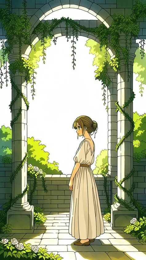 (1girl:1.3), (calm:1.2), (anime style:1.1), (muted colors:1.3), (gentle background:1.2), ((soft colors)), ((standing in a quiet courtyard)), (ancient stone walls), (soft vines and flowers), (calm expression), (simple dress), (subtle sunlight), (quiet and s...