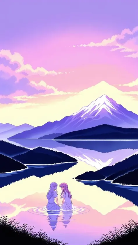 (1girl:1.3), (calm:1.2), (anime style:1.1), (muted colors:1.3), (gentle background:1.2), ((soft colors)), ((sitting at a lakeside)), (calm water), (mountain in the background), (soft light), (watching the sunset), (quiet and serene), (flowing hair), (light...