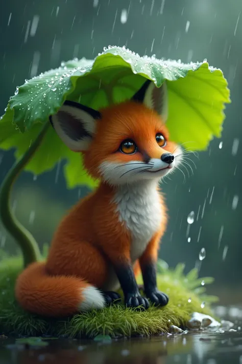 A cute whimsical fox sits beneath a vibrant huge green leaf, its fur glistening with raindrops. The gentle rain falls around, creating a dreamy atmosphere as water drips from the leaf, forming tiny puddles on the soft moss below. The fox gazes up, its eyes...