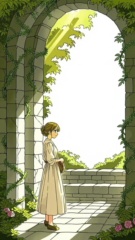 (1girl:1.3), (calm:1.2), (anime style:1.1), (muted colors:1.3), (gentle background:1.2), ((soft colors)), ((standing in a quiet courtyard)), (ancient stone walls), (soft vines and flowers), (calm expression), (simple dress), (subtle sunlight), (quiet and s...