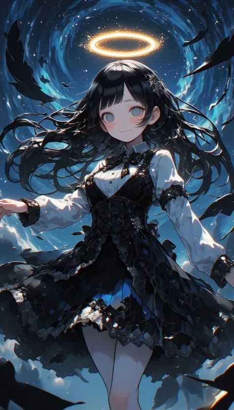 In a mesmerizing digital illustration, the scene zooms in on the upper body of a young girl, her long, glossy black hair flowing like liquid silk down her shoulders. Her bangs are cut straight across her forehead, framing her delicate features with an aura...