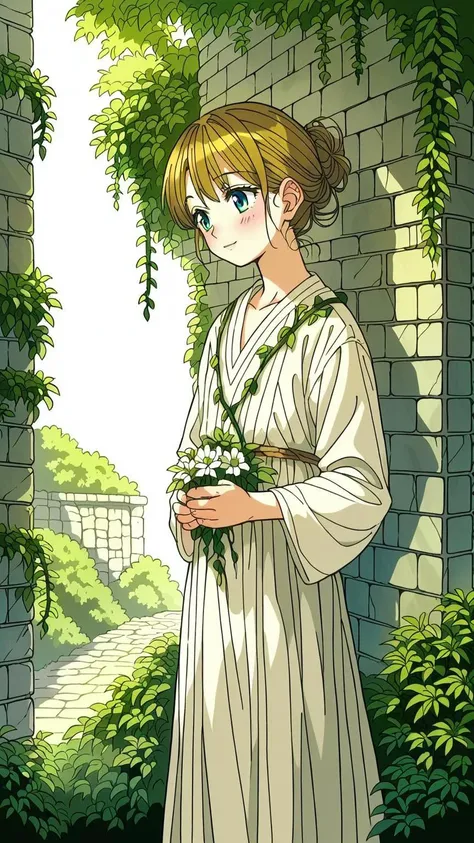 (1girl:1.3), (calm:1.2), (anime style:1.1), (muted colors:1.3), (gentle background:1.2), ((soft colors)), ((standing in a quiet courtyard)), (ancient stone walls), (soft vines and flowers), (calm expression), (simple dress), (subtle sunlight), (quiet and s...