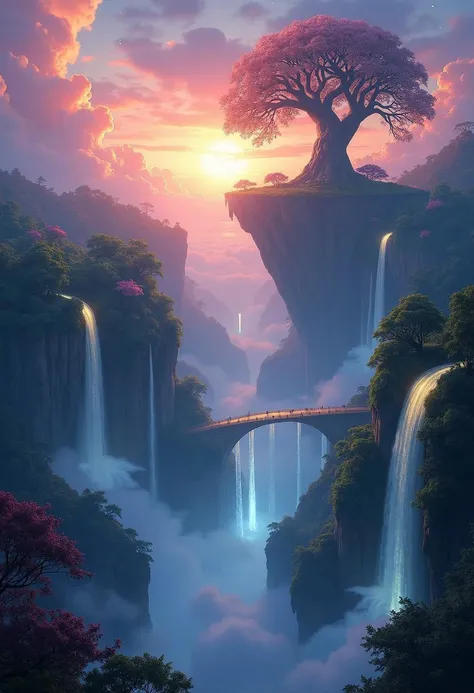 An enchanted floating island archipelago with waterfalls cascading into the sky: An archipelago of massive floating islands covered in lush, magical forests, with waterfalls that defy gravity and cascade upward into the clouds. Each island is connected by ...