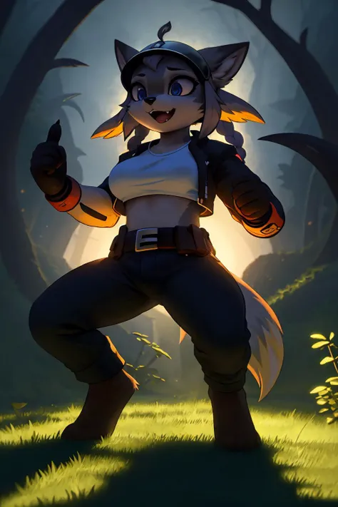 wolf girl, fluffy fur, wolf snout, cute hair,  perfect eyes, firm saggy breasts,
light smile, yawning, aggressive fighting pose,
french braid, science fiction (tools, utility belt), cyberpunk adventurer (clothes, closed  jacket, shirt),
greek helmet,
grass...