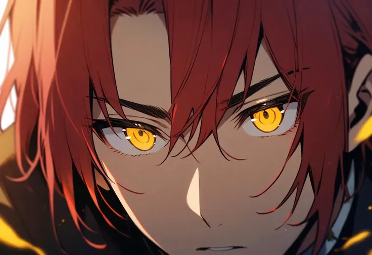 1boy, red hair, gold eyes, focused