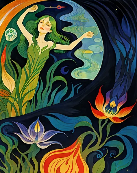 Air Water Fire Earth four seasons litography illustration edvard munch diane dillon colorful ominous vivid