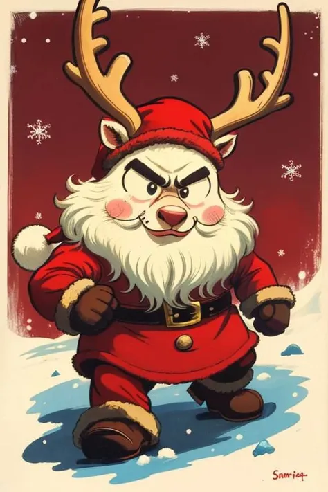 Vintage 1960s style, retro art printing, angry Reindeer with big head and black eyes and santa hat, in a North pole, snow, cartoon style, (red team text logo)