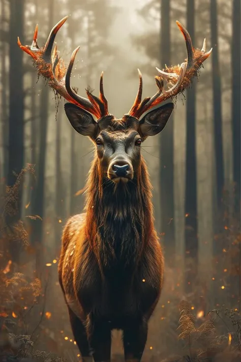 A majestic deer with large, intricately branched antlers set against a backdrop of a misty forest. The deers eyes glow with a fiery orange hue, and its mane is a vibrant shade of orange, flowing down its neck and spanning its shoulders. The forest appears ...