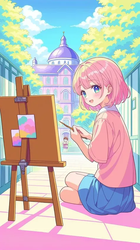 (1girl:1.3), (cute:1.2), (anime style:1.1), (soft colors:1.2), (gentle background:1.2), (light pastels), ((painting on an easel)), (sitting in a small town square), (calm surroundings), (soft expressions), (simple outfit), (pastel-colored buildings), (quie...