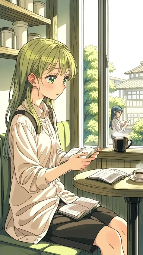 (1girl:1.3), (calm:1.2), (anime style:1.1), (muted colors:1.3), (gentle background:1.2), ((soft colors)), ((sitting in a small cafe)), (softly lit interior), (quiet atmosphere), (reading a book), (small cup of coffee), (light tones), (peaceful and reflecti...