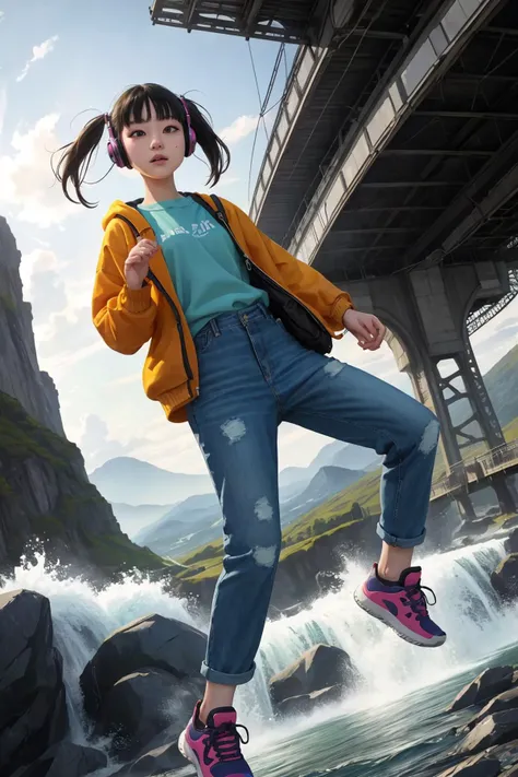 zrpgstyle, Yu-JinNobodySD15 Post-apocalyptic, shabby Radio Operators Gear Headphones, sweater, jeans, sneakers, wristwatch. dutch braid hair, Floating Sky Islands, Landscape with floating islands, interconnecting bridges, and cascading waterfalls. bright m...