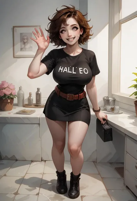 score_9, score_8_up, score_7_up, extremely detailed, full body, 1pygmy hippo, short, pale robot skin, cute face, white eyes, happy, smile, short brown hair, messy hair, petite, big breasts, black T-shirt, tool belt, standing and waving hand for say hello.,