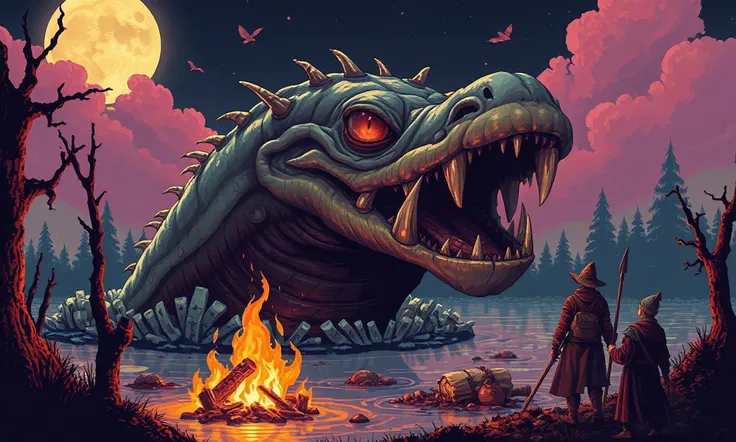 Glitchcore Art Style, retro game art pixel-art. In a medieval setting.
In the depths of the swamp, a grotesque, amphibious beast rises from the water, its slimy skin glistening in the moonlight. Its eyes are wide and unblinking, and its gaping maw reveals ...