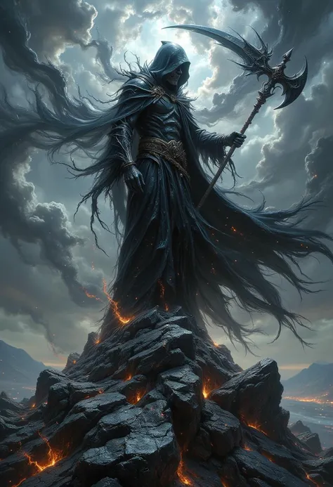 Oil painting, portrait action pose. "A breathtakingly detailed, hyperrealistic, and hauntingly abstract cinematic painting, showcasing a terrifyingly powerful Grim Reaper standing atop a mountain of cracked magical obsidian. holding a syth. Set in a vast, ...