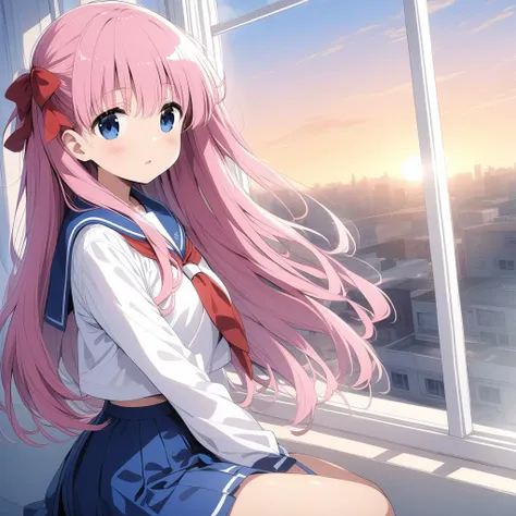 <lora:haramura_nodoka_sdxl_ver1:0.7>,
haramura_nodoka,
long-haired with pink hair,she wears a sailor suit with a hair ribbon,watching the sunset from the window,elbows on the window in the classroom,the cityscape seen from the window,