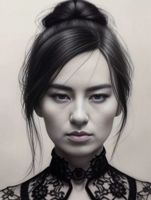 beautiful GeeCara , hair in tight bun, dark moody charcoal  drawing , uniform, intricate details , trending on artstation,,