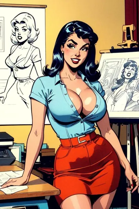 best quality, masterpiece, candy colored clothes, 60s, warm retro colors, 1960s beautiful busty young woman drawing a comic page, Drafting table, Drawing board, looking at viewer, cleavage, shirt, rolled-up sleeves, colorful, <lora:Dan_Decarlo:0.4> dandeca...