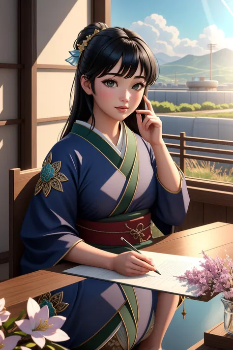 anime girl in kimono outfit sitting at a table with a note and pen