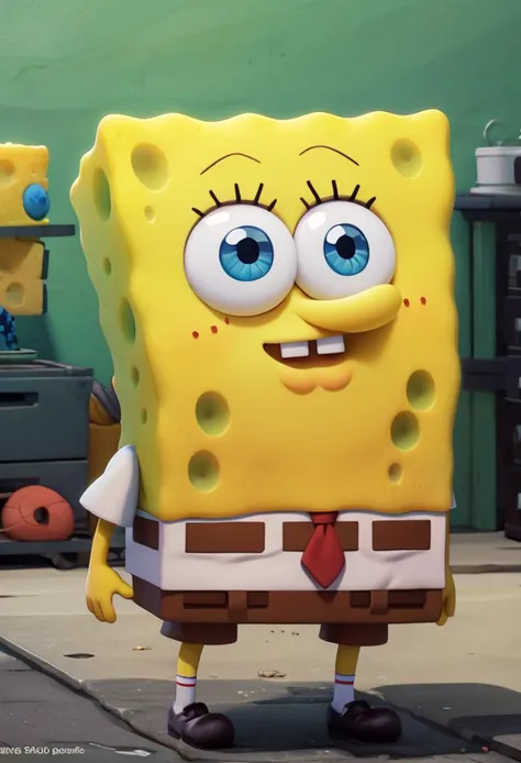 spongebob in a suit standing in front of a green wall