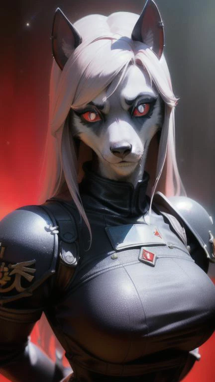 Masterpiece, best quality, loona, hellhound, 1girl, solo, (highly detailed eyes, slit pupils, white eyes, red sclera:1.5), furry female, (photorealistic, realistic:1.2), (large breasts:0.8), arms behind back, warhammer 40k, space marine, armor, adepta soro...