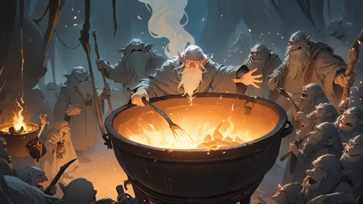 (best quality painting), (good quality), intricate details, gandalf the magician inside a giant cauldron surrounded by giant trolls at sunrise. The incantation requires sparks, smoke and glittering food. Side lighting, sunny, light and shadows