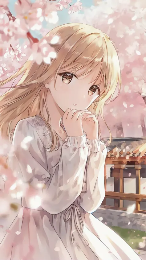 1girl,bangs,blonde hair,blurry,blurry foreground,blush,brown eyes,cherry blossoms,day,depth of field,dress,flower,hand up,jacket,long hair,long sleeves,looking at viewer,open clothes,outdoors,parted lips,petals,solo,white dress