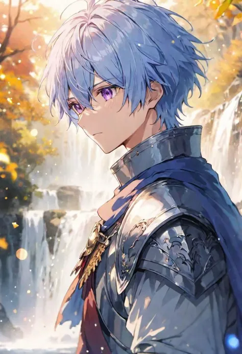 a man with blue hair and a cape standing in front of a waterfall