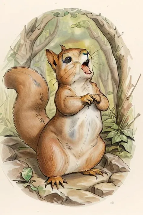 <lora:Beatrix_Potter_Style:0.75> Drawing in the style of Beatrix Potter, a squirrelis singing