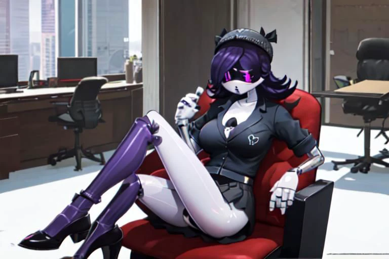 Worker drone, murder drone, uzi, very big boobs, chest viewing, ass, 16k, full hd, solo, lewd pose, office worker uniform, short skirt, purple hair, purple eyes, Three-dimensional image, sitting on chair