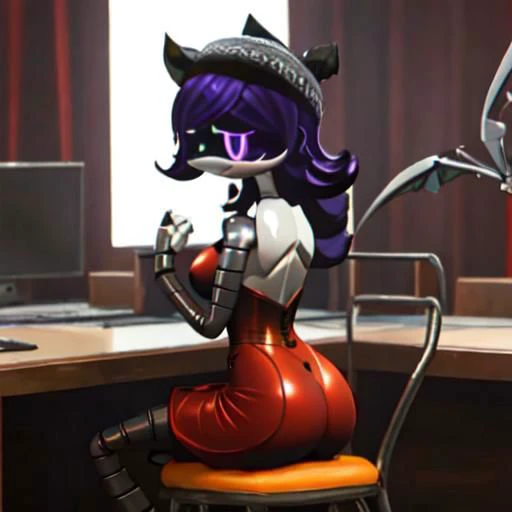 Worker drone, murder drone, uzi, very big boobs, ass, 16k, full hd, A contemptuous look, solo, lewd, chest viewing, very short red dress, purple hair, purple eyes, Three-dimensional image, in dark room, sitting on chair, humanoid, dishwasher1910