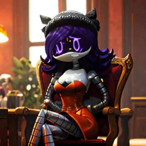 Worker drone, murder drone, uzi, very big boobs, ass, 16k, full hd, A contemptuous look, solo, lewd, chest viewing, very short red dress, purple hair, purple eyes, Three-dimensional image, in dark room, sitting on chair, humanoid, dishwasher1910