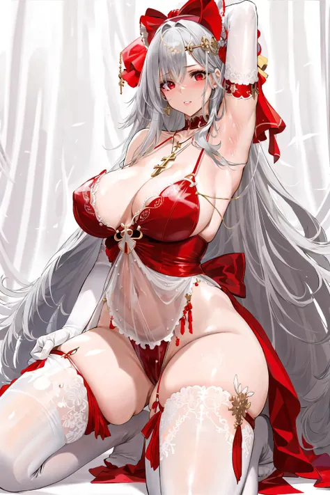 ((masterpiece)), (best quality), (detailed), 1girl, arm up, armpits, ass visible through thighs, bangs, bare shoulders, blush, cross, cross necklace, dishwasher1910, elbow gloves, gloves, grey hair, jewelry, kneeling, gigantic breasts, long hair, looking a...