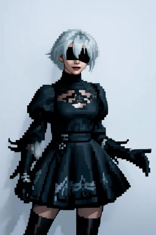 masterpiece, best quality, solo, smile, looking at viewer, <lora:SNK-Kof_sprites_Fp:0.8>, simple background, full body, standing,  fighting stance, white background,
2b, black blindfold, covered eyes, mole under mouth, clothing cutout, long sleeves, puffy ...