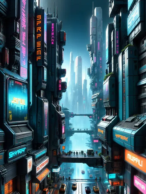 a close up of a city street with a bridge and neon signs