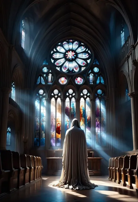 arafed image of a woman in a white robe standing in a church