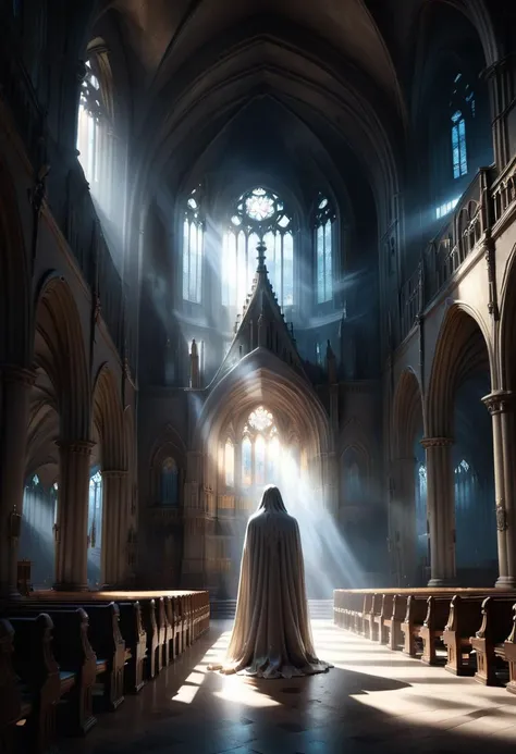 a woman in a cloak standing in a church with a light coming through the window