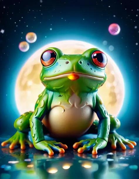 a frog sitting on top of a ball in front of a full moon