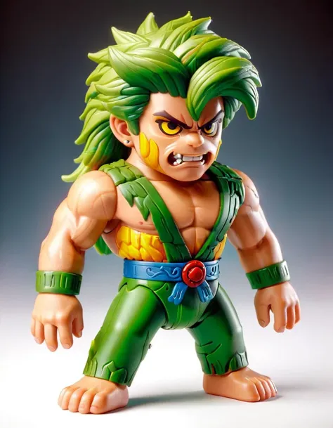 a close up of a toy figure of a man with green hair