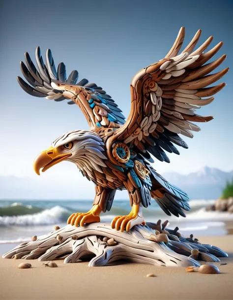 a close up of a statue of an eagle on a beach