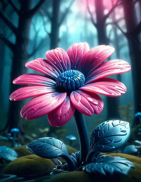 there is a pink flower that is in the middle of a forest