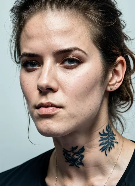 a close up of a woman with a tattoo on her neck