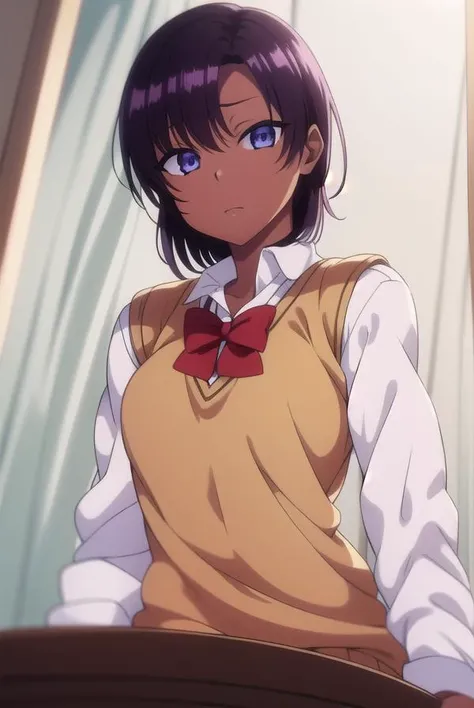 saehinata, <lora:saehinata-lora-nochekaiser:1>, 
sae hinata, blue eyes, purple hair, dark skin, dark-skinned female, short hair,
BREAK shirt, bow, school uniform, white shirt, collared shirt, bowtie, red bow, sweater vest, brown sweater,
BREAK looking at v...