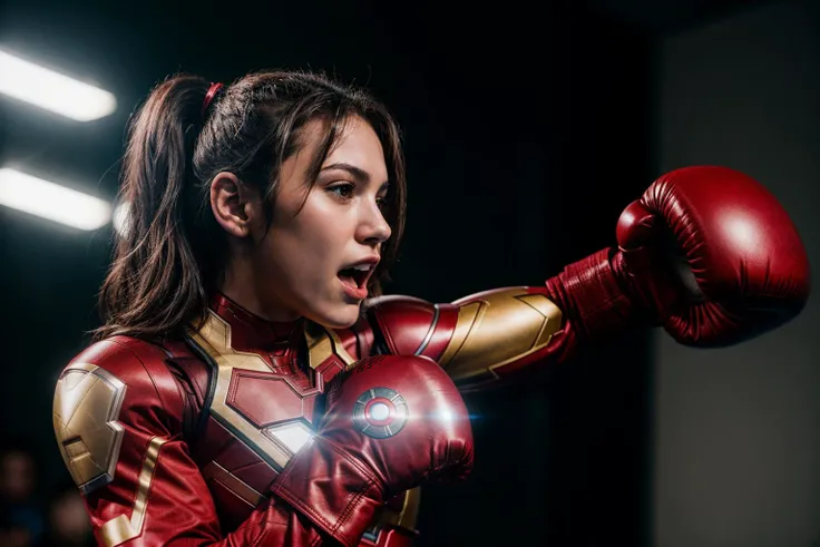 Marvel movies,photo of a 18 year old girl,ironman,boxing,boxing gloves,screaming,ray tracing,detail shadow,shot on Fujifilm X-T4,85mm f1.2,sharp focus,depth of field,blurry background,bokeh,motion blur,<lora:add_detail:1>,