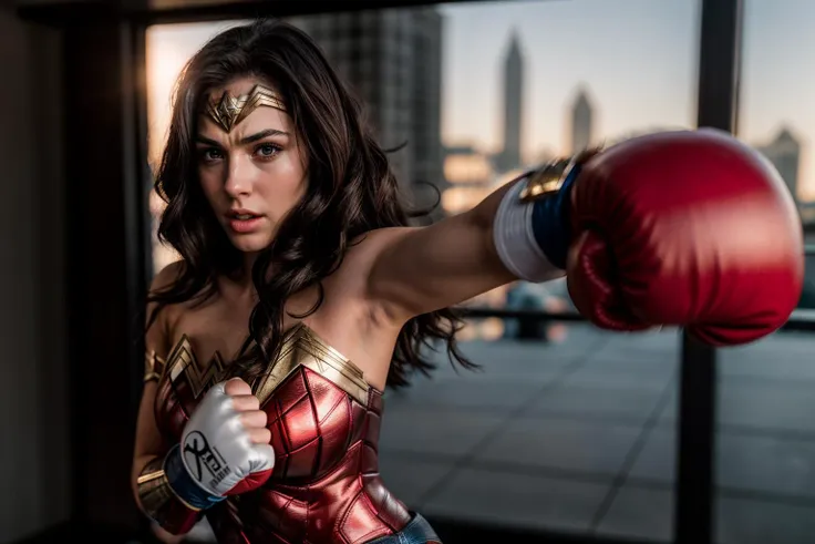 dc movies,photo of a 18 yer old girl,wonder woman,punching viewer,incoming punch,screaming,boxing gloves,ray tracing,detail shad...