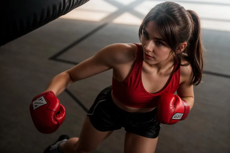 full body,from above,photo of a 18 yer old girl,punching viewer,incoming punch,happy,boxing gloves,ray tracing,detail shadow,sho...