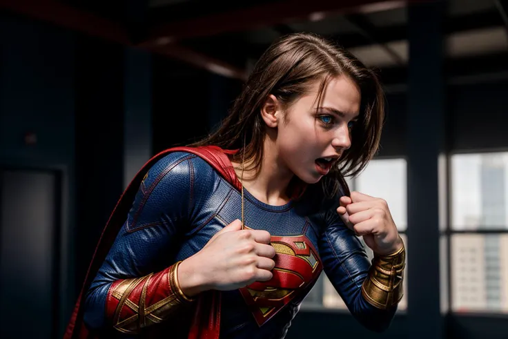 dc movies,photo of a 18 year old girl,supergirl,boxing,boxing gloves,screaming,looking at viewer,blue eyes,ray tracing,detail sh...