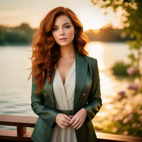 A senior photo of a thoughtful young woman with deep green eyes and a serene expression. Her wavy, auburn hair falls gently over her shoulders. She wears a timeless outfit, consisting of a tailored blazer and a soft-colored blouse, representing her maturit...