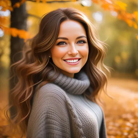 A close-up outdoor photo of a spirited woman with captivating gray eyes and a playful smile. Her wavy, chestnut hair dances in the wind. She wears a cozy knit sweater in earthy tones, blending harmoniously with the natural surroundings. The background is a...