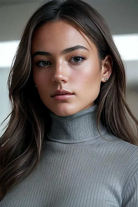 beautiful young woman (EP3ll4M3nd3ls0hn:.99), perfect hair, jewellery, ((portrait)), (closeup:1.2), ((from the waist up)),  (( office  :1.2)), natural skin texture,  (( Ribbed Turtleneck :1.2)), 24mm, 4k textures, soft cinematic light, adobe lightroom, pho...